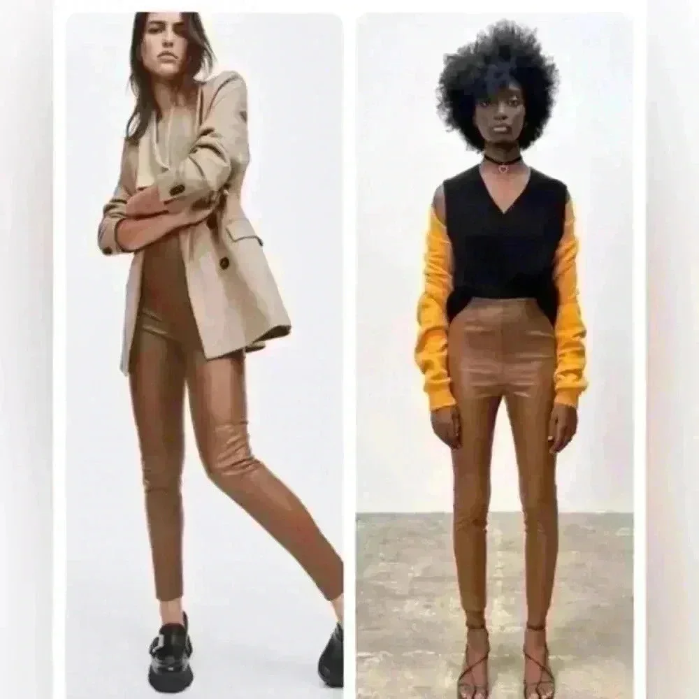 Zara Brown Faux Leather High‎ Rise Leggings w Raw Hem size S - Picture 15 of 15